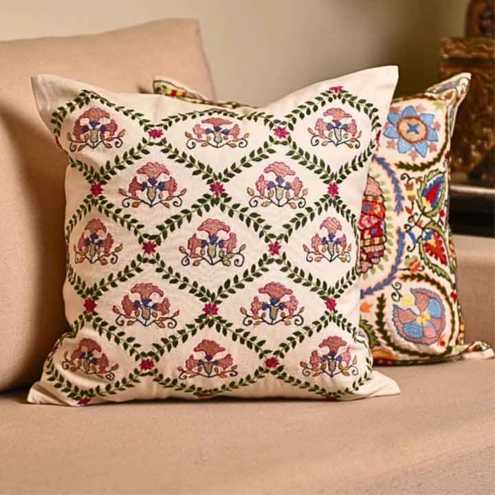 Floral Trellis Embroidered Cushion