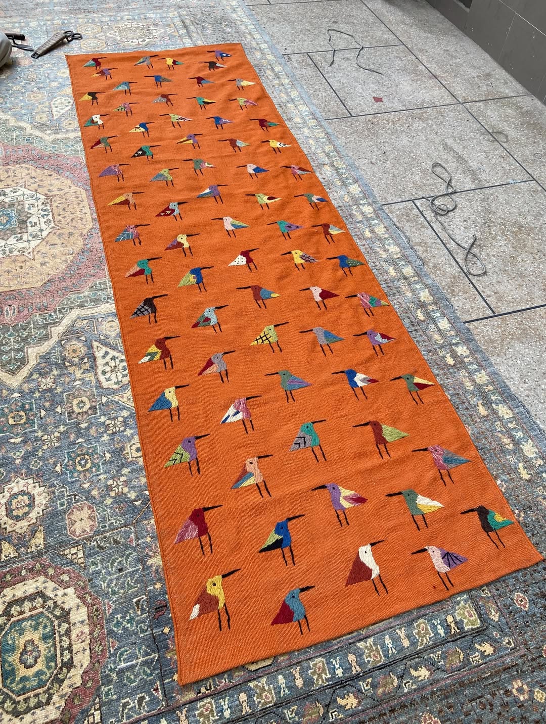 Terracotta Orange Bird Motif Kilim Runner