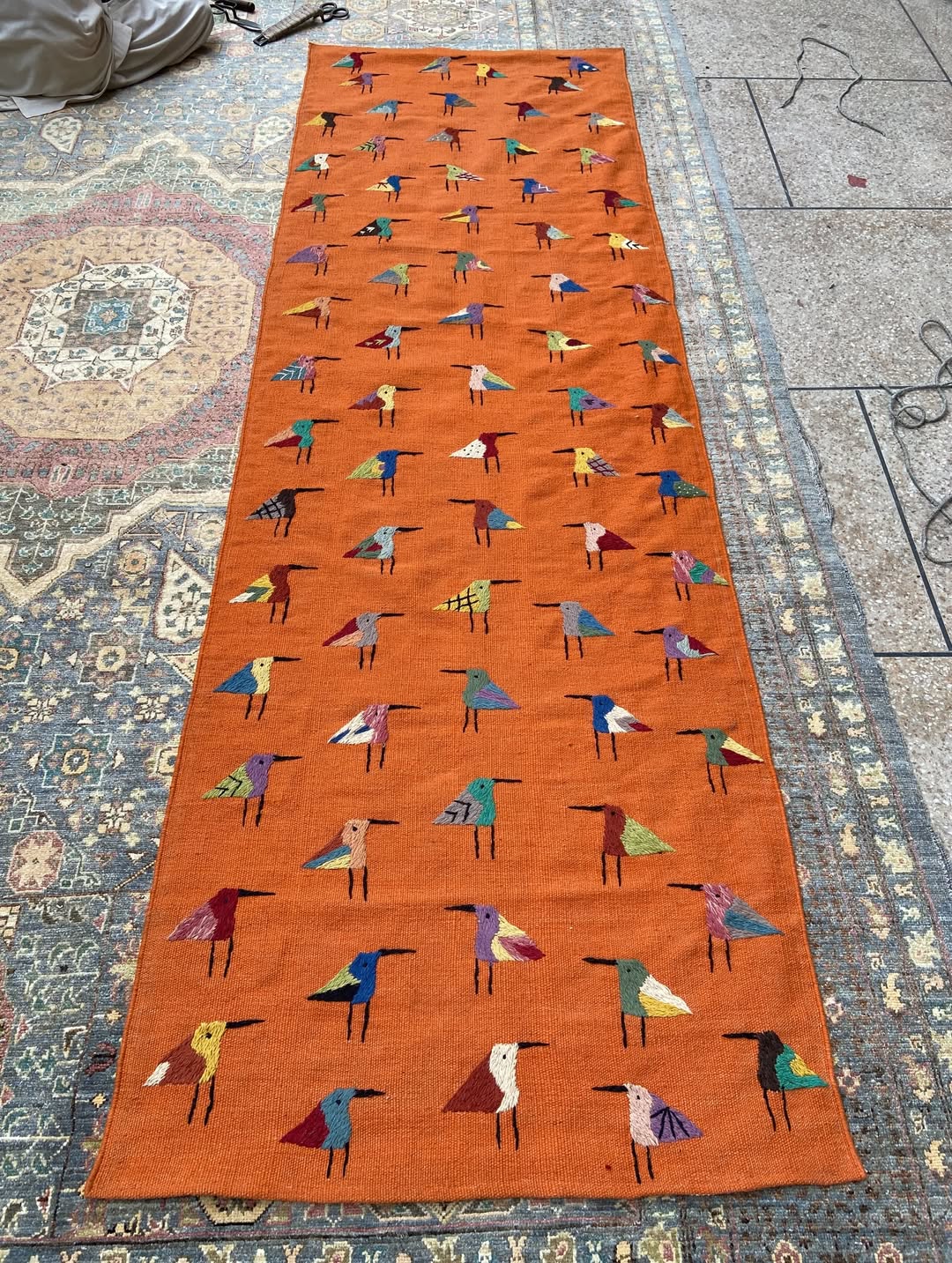 Terracotta Orange Bird Motif Kilim Runner