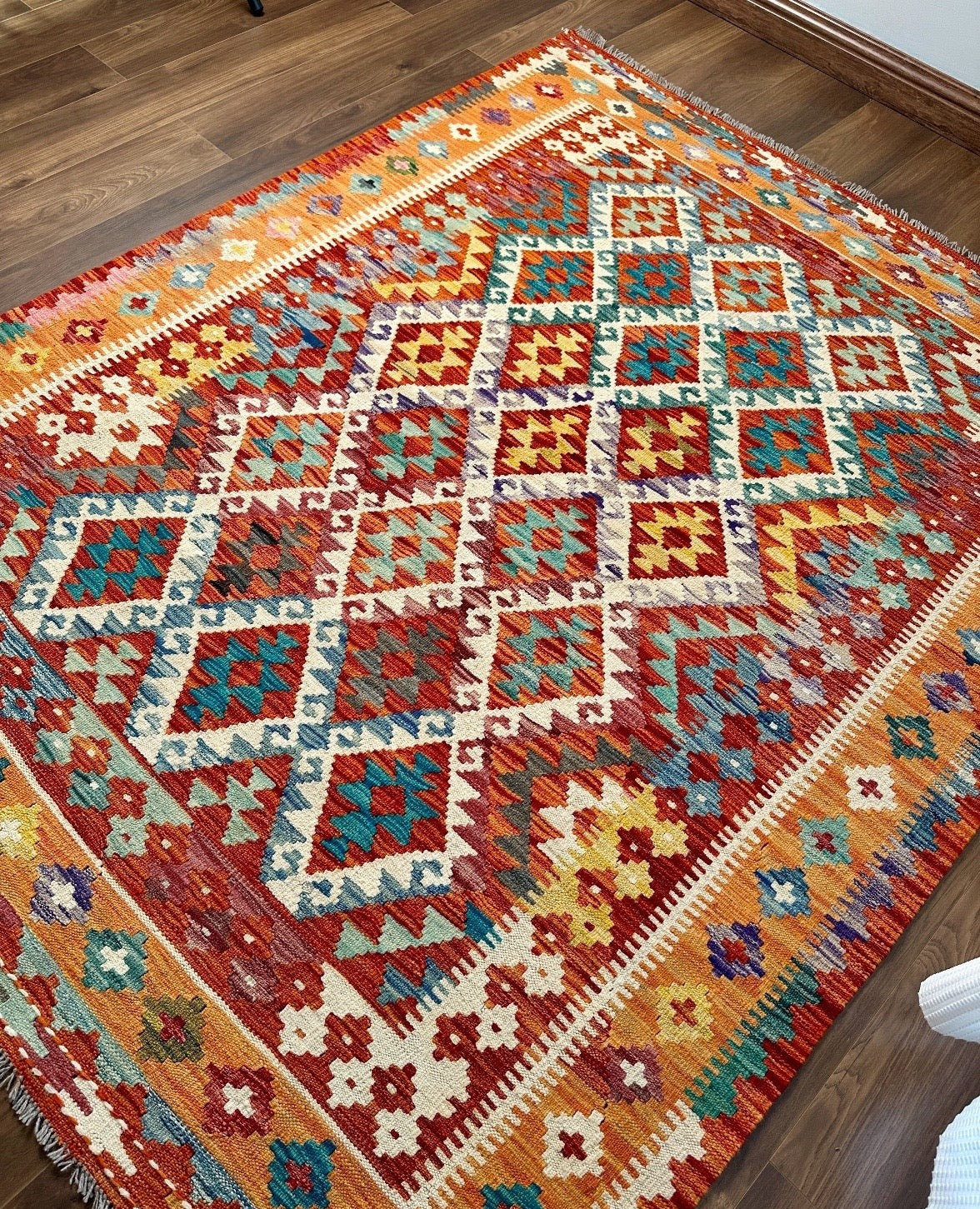 Bright Terracotta & Teal Flatweave kilim